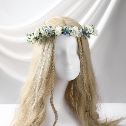 Fairy White Flower Crown Headband, Rose Floral Headpiece | Adjustable, Fairy Flower Crown, Women Girls, Renaissance Birthday Wedding Party Photo Props - color: Blue White