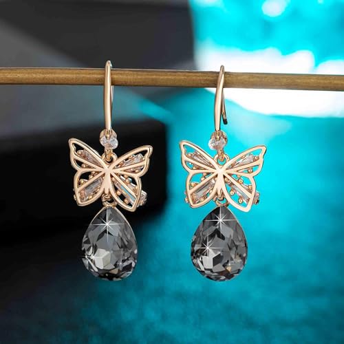 Austrian Crystal Teardrop Butterfly Drop Dangle Earrings for Women 14K Rose Gold Plated Hypoallergenic Jewelry - color: Grey-Black