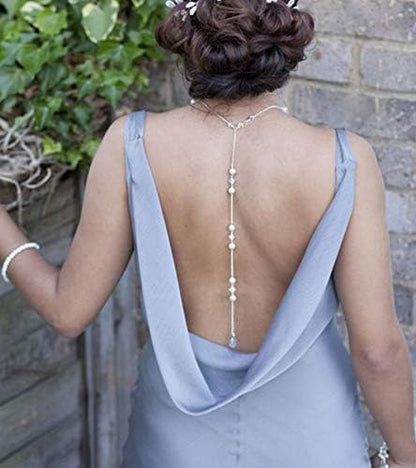 White Elegant Boho Pearl Back Chain Necklace Vintage Pearl Backdrop Long Sexy Tassel Pendant Body Chain Backless Dress Accessories for Women Wedding Brides and Prom Off-shoulder Dressing