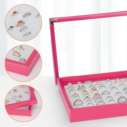 KUKUVR 100 Slots Ring Earring Holder Display Case (Pink) | Velvet, Clear Lid, Ring Earring Storage Organizer Box Tray, for Women and Selling Show - color: Pink