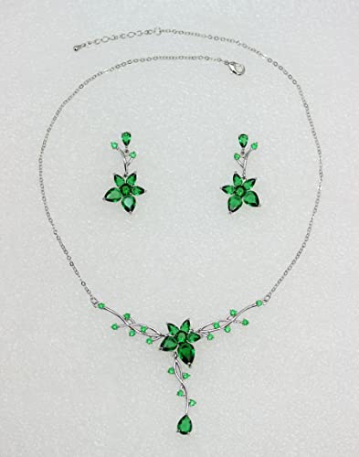 Faship Gorgeous CZ Crystal Floral Necklace Earrings Set - color: Green