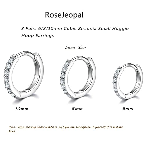 3 Pairs 925 Sterling Silver Small Hoop Earrings for Women Men | Cubic Zirconia, 14K White Gold Plated Huggie Hoop Earrings, Hypoallergenic - style: D-silver 6/8/10mm