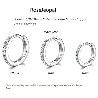 3 Pairs 925 Sterling Silver Small Hoop Earrings for Women Men | Cubic Zirconia, 14K White Gold Plated Huggie Hoop Earrings, Hypoallergenic - style: D-silver 6/8/10mm