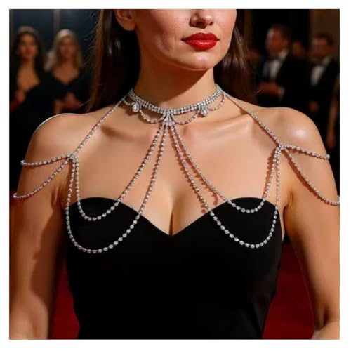 Sexy Rhinestone Shoulder Body Chain Jewelry,Multi-layered Waterdrop Rhinestone Bridal Back Chain Necklace Sexy Festival Rave Crystal Shoulder Chain Wedding Backdrop Jewelry for Women - style: Silver