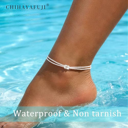 Sterling Silver Ankle Bracelets for Women 14K Gold Waterproof Layered Braided Chain Knot Charm Stackable Adjustable Non Tarnish Nickel Free Anklets Bracelet for Summer Beach Jewelry - color: silverA