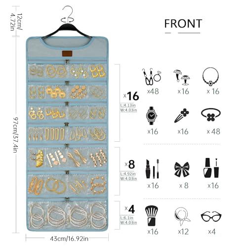 SMRITI Hanging Jewelry Organizer with Dual Zippered Pockets Canvas Double Sided Rotating Hanger Necklace Hanging Wall Organizer Earring Dustproof Holder Wall Mount Accessories Display Bag(Light Blue) - color: Blue