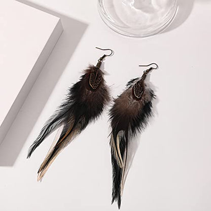 Bohemian Long Feather Earrings for Women Handmade Natural Dangle Tassel Jewelry - color: Style F