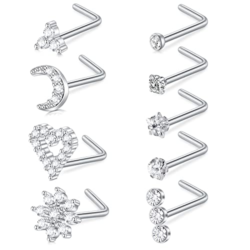Briana Williams Nose Studs Nose Rings for Women 18G 20G Corkscrew Nose Ring Stainless Steel Nose Screw Studs Nose Rings Studs Surgical Steel Nostril Nose Piercing Jewelry - color: E2 -9pcs, silver