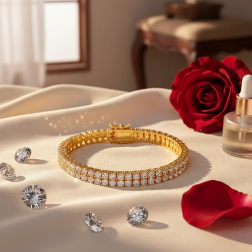 2 Rows Tennis Bracelets for Women Men - 18K Yellow Gold Plated 3mm Round Cut Cubic Zirconia Classic Tennis Bracelet, Size 6.5-8.5 Inch - color: Gold - 2 Rows, size: 8.5 inch