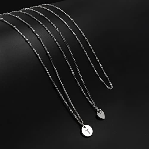 Layered Initial Choker Necklaces Handmade 14K Gold Plated Dainty Heart Personalized Letter Disc Pendant Layering Gold Necklaces for Women Gift Jewelry,Valentines Day Gifts for Mom Wife Girlfriend - style: T-Silver