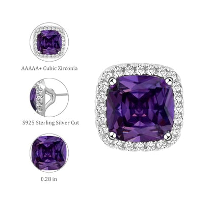Square Cubic Zirconia Earrings Stud 7mm Birthstone Studs Earrings Hypoallergenic Princess Cut Earrings 925 Sterling Silver Post Studs Earrings for Women - color: amethyst