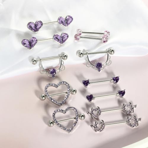 TIANCI FBYJS 6 Pairs Nipple Rings Stainless Steel Heart Butterfly Moon Flower CZ Stud Barbell Tongue Rings Set Cute Nipplerings Piercing Jewelry for Women Pink Tone - color: purple
