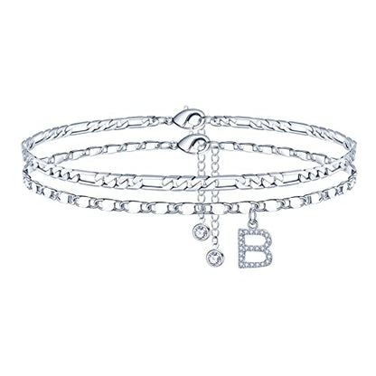 Ursteel Ankle Bracelets for Women, 14K-Gold-Plated Dainty Layered Chain CZ Initial Anklets Set Summer Jewelry Gifts for Women - style: B-Silver-Plated