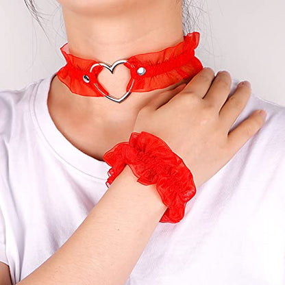 Eigso Velvet Gothic Garter for Women Heart Leg Ring with Rivets Elastic Lace Bracelets Choker Set - color: Red