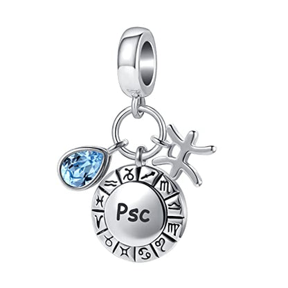 Birthday Pisces Constellation Charm for Pandora Bracelets Teardrop Horoscope Zodiac Sign February March Birthstone Blue Crystal Dangle Bead for Sister Mother