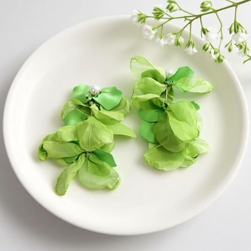 Handmade Bohemian Lightweight Fabric Flower Dangle Drop Earrings Chic Pearl Large Tassel Petal Stud Earrings For Women - color: Green