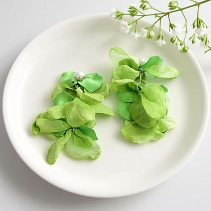 Handmade Bohemian Lightweight Fabric Flower Dangle Drop Earrings Chic Pearl Large Tassel Petal Stud Earrings For Women - color: Green