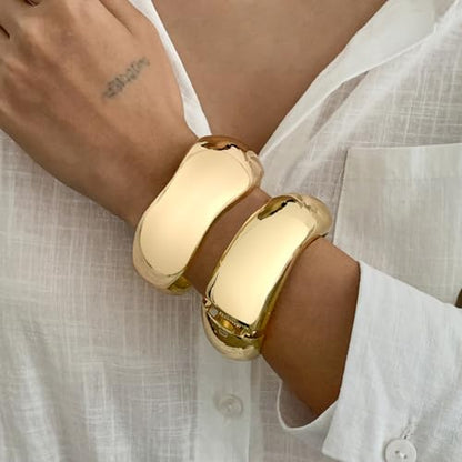 Chunky Gold Bangles for Women Gold Plated Stackable Bracelets Set Trendy Cuff Bracelets Stack Wrist Open Bangle Jewelry Gift Accessories - style: Gold-2