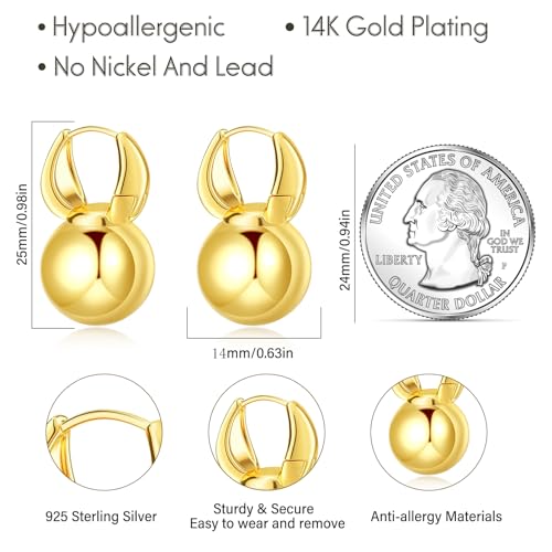 14k Gold Plated Ball Dangle Earrings for Women Sterling Silver Ball Drop Earrings Hypoallergenic Round Balls Hoop Earring Leverback Lightweight Earrings Fashion Jewelry - color: 03-gold