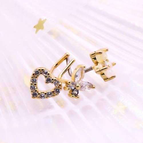 20G 3PCS Nose Ring Studs 316L Heart Nose Rings Nose Studs Butterfly and Flower Nose Stud Surgical Steel CZ L-Shaped Piercing Jewelry - color: Gold