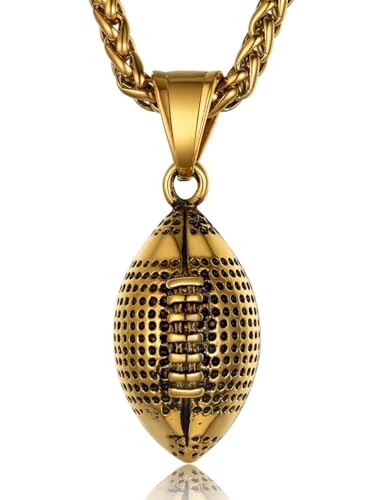 GOLDCHIC JEWELRY Sport Necklaces for Men Teen, Football Baseball Soccer Basketball Softball Necklaces with Stainless Steel Chain Athlete Jewelry Sports Fan Gift - color: American Football Pendant-Gold, style: NO Engraving