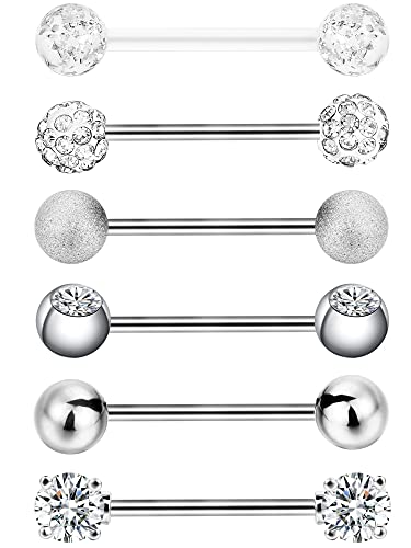 Sumind 14g Stainless Steel Nipple Tongue Rings Surgical Stainless Steel Straight Barbell Rings Body Nipple Piercing Cubic Zirconia Jewelry for Women Men