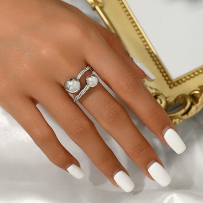 Adjustable Rings for Women 18K Gold Plated daisy Flower Butterfly Ball Cubic Zirconia Rings Dainty Open Stacking Ring - color: Double Ball-White Gold