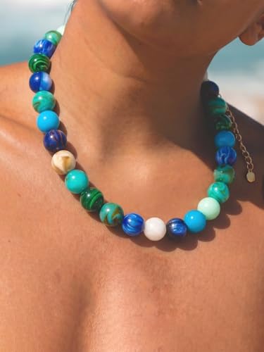 Chunky Beaded Necklaces for Women Statement Necklace | Bold Chunky Choker, Large Resin Beads, Adjustable Necklace, Boho Trendy Summer Beach Holiday Jewelry - color: Blue-02