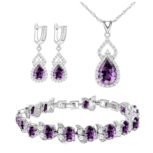 LMXXVJ Women Jewelry Set Platinum Plated Necklace Open Ring Earrings Bracelet Set,Birthday/Anniversary Mother’s Day Jewelry Gifts for Mom/Wife/Sister/Best Friend - color: White Gold-Purple-No Ring