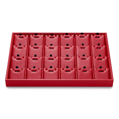 Oirlv Gorgeous Red Leather 24 Grid Jewelry Tray with Removable Inserts Jewelry Cards Stackable Necklace Trays Necklace Drawer Organizer | 24 Necklace Sections,Removable Insert Cards,Anti-Tangle Design,Space-Saving Event Display,13.8×9.5Inch - color: Red,