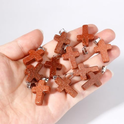 12PCS Natural Stone Cross Pendant Gemstone Charms Bulk for Jewelry Making | Healing Crystal Quartz Chakra Reiki Gemstone Pendants Charms Bulk for Necklace Craft - color: Red Sandstone Cross(Synthetic)