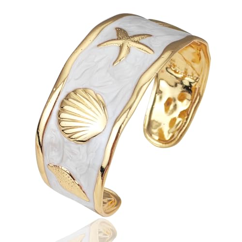 YBMYCM Chunky Shell Cuff Bracelet for Women, Hammered Boho Open Bangle | Adjustable Irregular Wide Bracelets Jewelry Gifts for Women, Perfect for Daily Wear - color: White2