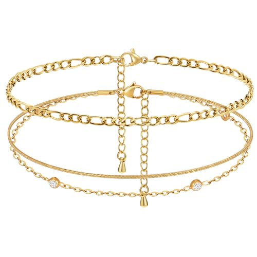 MPRAINBOW Waterproof Gold Anklets for Women - 14k Gold Plated Ankle Bracelets,Summer Beach Surf Foot Chain Multilayered Stacked Bracelet Anklet Set,Layered Trendy Jewelry for Girlfriend - color: Cuban Chain