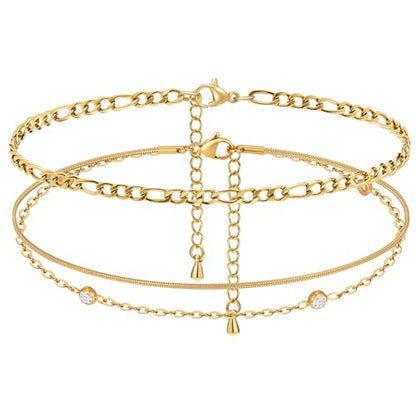 MPRAINBOW Waterproof Gold Anklets for Women - 14k Gold Plated Ankle Bracelets,Summer Beach Surf Foot Chain Multilayered Stacked Bracelet Anklet Set,Layered Trendy Jewelry for Girlfriend - color: Cuban Chain