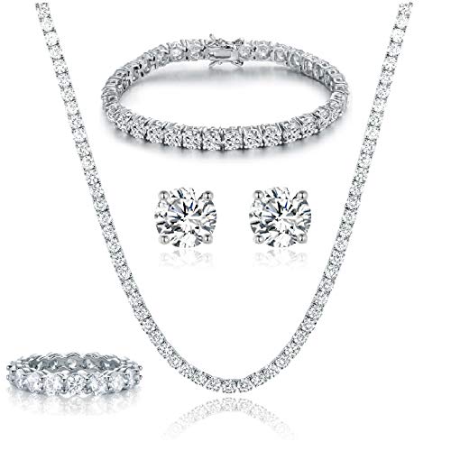 18K White Gold Plated Tennis Necklace/Bracelet/Earrings/Band Ring Sets Hypoallergenic Jewelry Pack of 4 - color: White