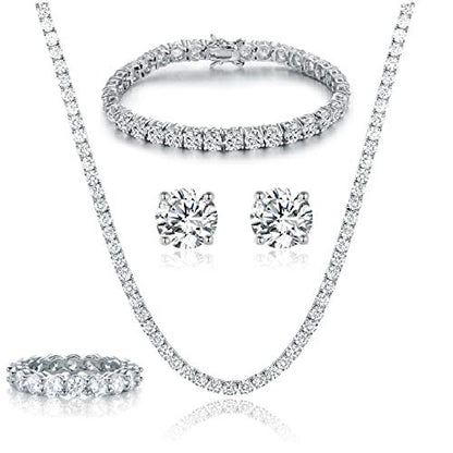 18K White Gold Plated Tennis Necklace/Bracelet/Earrings/Band Ring Sets Hypoallergenic Jewelry Pack of 4 - color: White