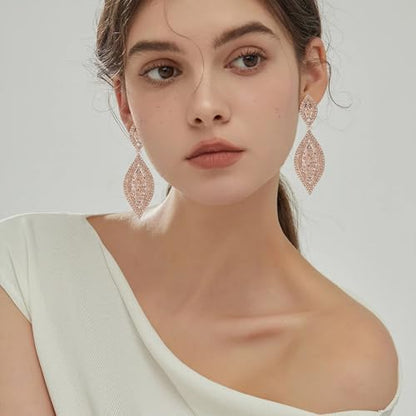 Flyonce Wedding Jewelry Set Rhinestone Crystal Bridal Leaf Necklace Drop Dangle Chandelier Earrings Sets for Women - color: Champagne Color