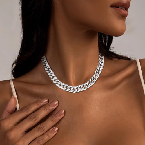 Zeffy 14K Gold/Silver Plated Chunky Thick Chain Toggle Clasp Necklace Dainty Baroque Pearl/Heart/Cross/Turquoise Pendant Necklace - color: Silver Diamond Cuban Link
