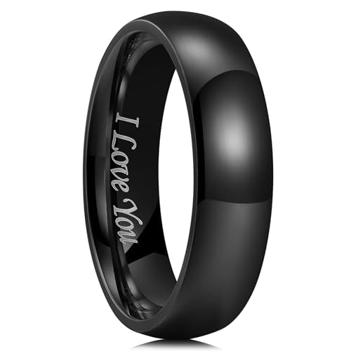 King Will 316L Stainless Steel Wedding Band for Men Women Size 4-15 | 2-8mm Width, Black/Sliver/Gold Plated, Laser I Love You, High Polished, Dome Style, Promise Ring Comfort Fit Promise Gift - color: D-Black-6mm