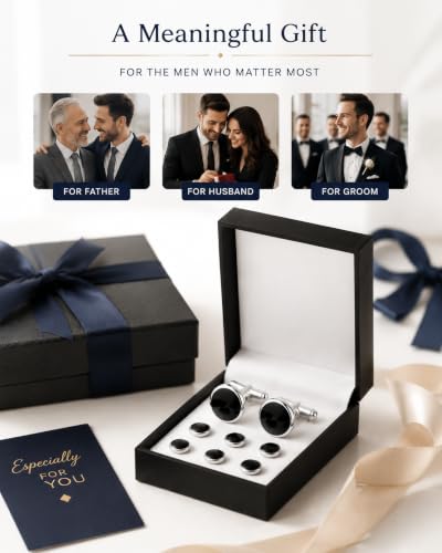 Men's Cufflinks & Tuxedo Studs Set - 316L Stainless Steel Formal Wedding Jewelry, Groomsmen Gift Set with Gift Box - color: 8pcs Silver