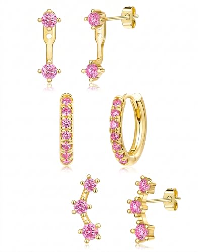 3 Pairs Dainty Small Earrings Set for Women Trendy, Birthstone Stud Huggie Hoop Jacket Stack for Cartilage Helix, Gold Plated Hypoallergenic Cute Women Fashion Accessories Western Jewelry Gifts - color: 10Pink-Oct (Gold)