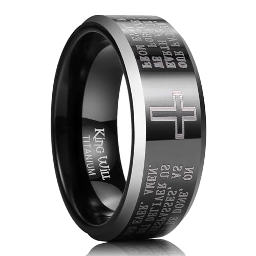 King Will 8mm Titanium Rings for Men Lord's Prayer Engraved Mens Cross Ring Vintage Religious Band Polished Brushed - color: Black