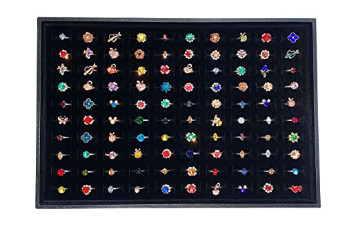 Stratelife 100 Slots Velvet Ring Organizer Tray, 13.8" x 9.4" x 1.2" | Stackable Drawer Earring Organizer with Adjustable Dividers, Jewelry Display Tray for Necklace Earring Ring Bracelet, Black - color: Black, size: 100