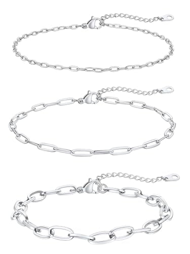 FaithHeart Waterproof Ankle Bracelets for Women, 1/2/3Pcs Non Tarnish Stainless Steel Layered Anklet Set Paperclip Figaro Cuban Link Chain Dainty Summer Beach Jewelry Gift Adjustable Size - style: d.Paperclip 3Pcs - Silver