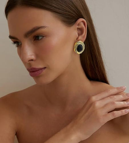 Chunky Gold Geometric Stud Earrings Trendy Vintage 14K Gold Plated Black Cubic Zirconia Statement Cocktail Earrings Dupes Jewelry for Women - style: Black Stone C