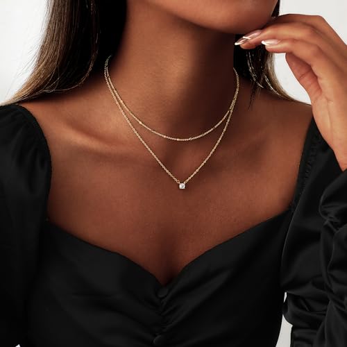 Coshilta Layered Gold Necklaces for Women, 14K Plated Gold Sterling Silver Plated Dainty Pendant Necklace Set with Cubic Zirconia,Stackable Chain Choker,Trendy Personalized Jewelry Gift Non Tarnish - style: C-N0518-CZ