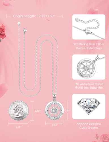 Meeshi Silver Compass Necklace for Women Birthday Gifts for Wife Anniversary Necklace for Women Rose Flower Birthstone Necklaces for Wife Jewelry for Womens Girlfriend Mom Daughter - style: 04-April-Diamond