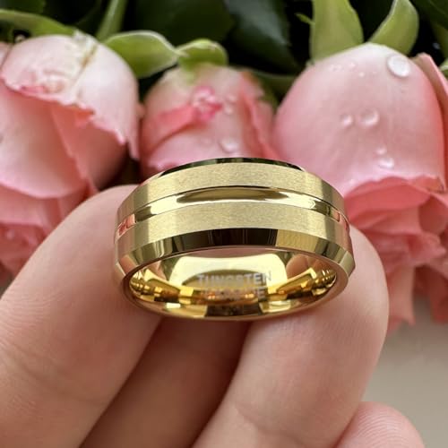 TUTISS 6mm 8mm Silver/Black/Blue/Gunmetal/Gold/Rose Gold Tungsten Rings for Men Women Fashion Engagement Wedding Bands Matte Finish Beveled Edges Comfort Fit - color: 8mm Gold Tungsten