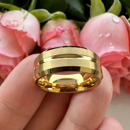 TUTISS 6mm 8mm Silver/Black/Blue/Gunmetal/Gold/Rose Gold Tungsten Rings for Men Women Fashion Engagement Wedding Bands Matte Finish Beveled Edges Comfort Fit - color: 8mm Gold Tungsten