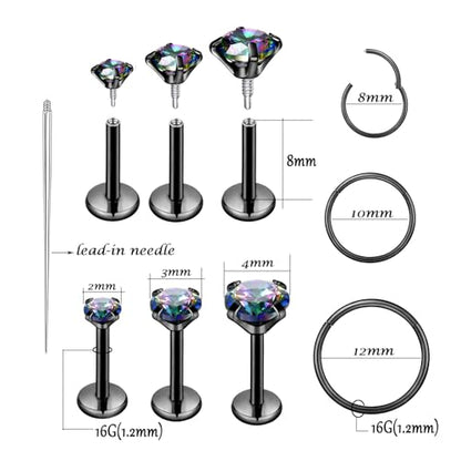 16G 18G Surgical Steel Internal Thread Stud Piercing Jewelry Set Nose Medusa Lip Labret Stud Hypoallergenic Clicker Hoop Septum Rings Cartilage Tragus Helix Conch Earrings for Women Men - color: 16G-8mm-black